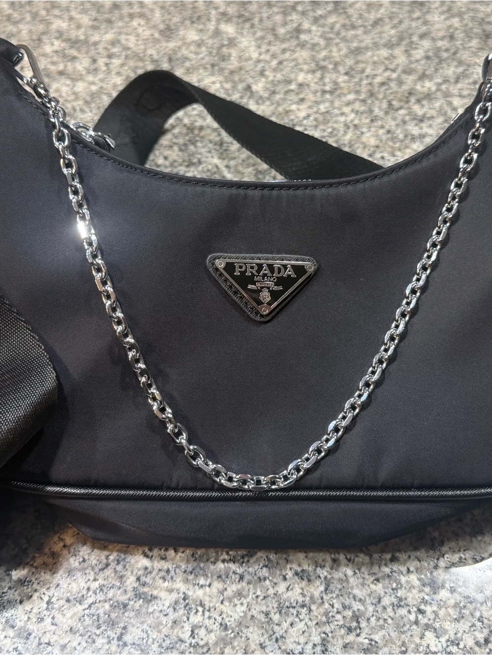 Prada Black Nylon Shoulder Bag with Silver Chain Strap